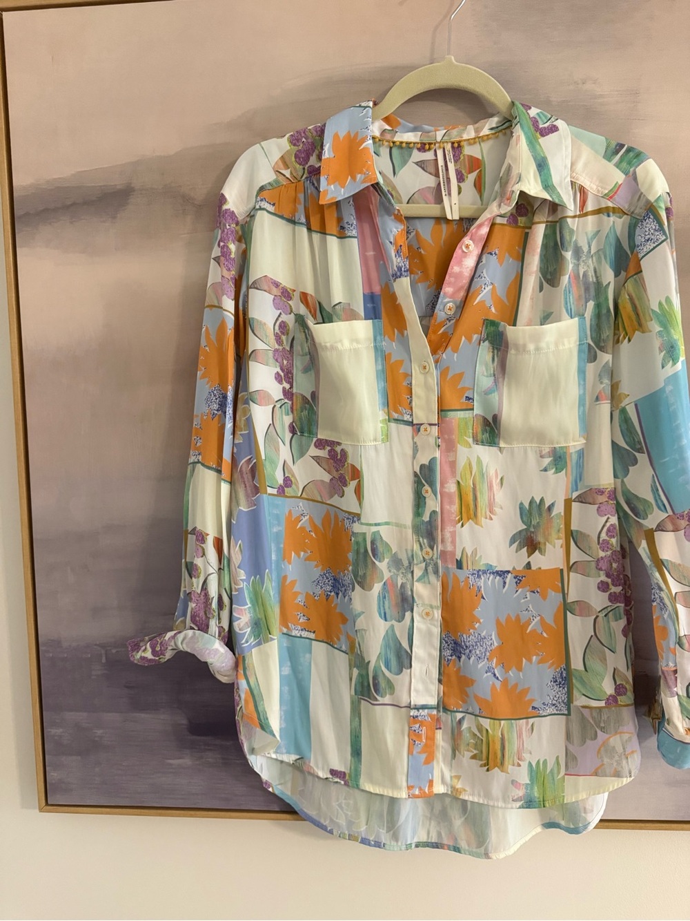 Anthropologie Abstract Patchwork Floral Silky Button-Down Blouse - Picture 4 of 7